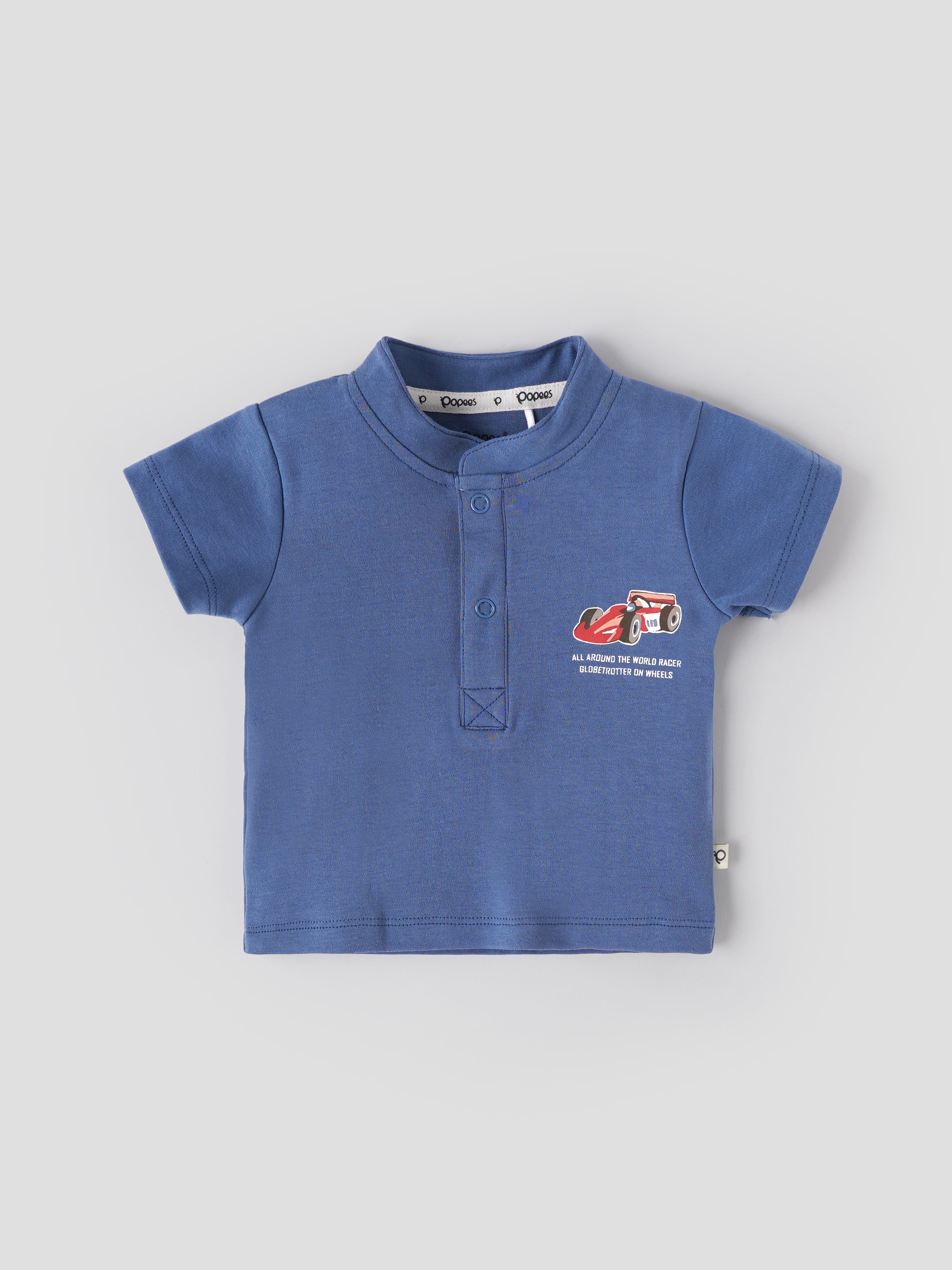 Popees Baby Boys Short Sleeve T-Shirt | Racing Car Print Cotton Mandarin Collar Tee | Blue | NB-9 Months