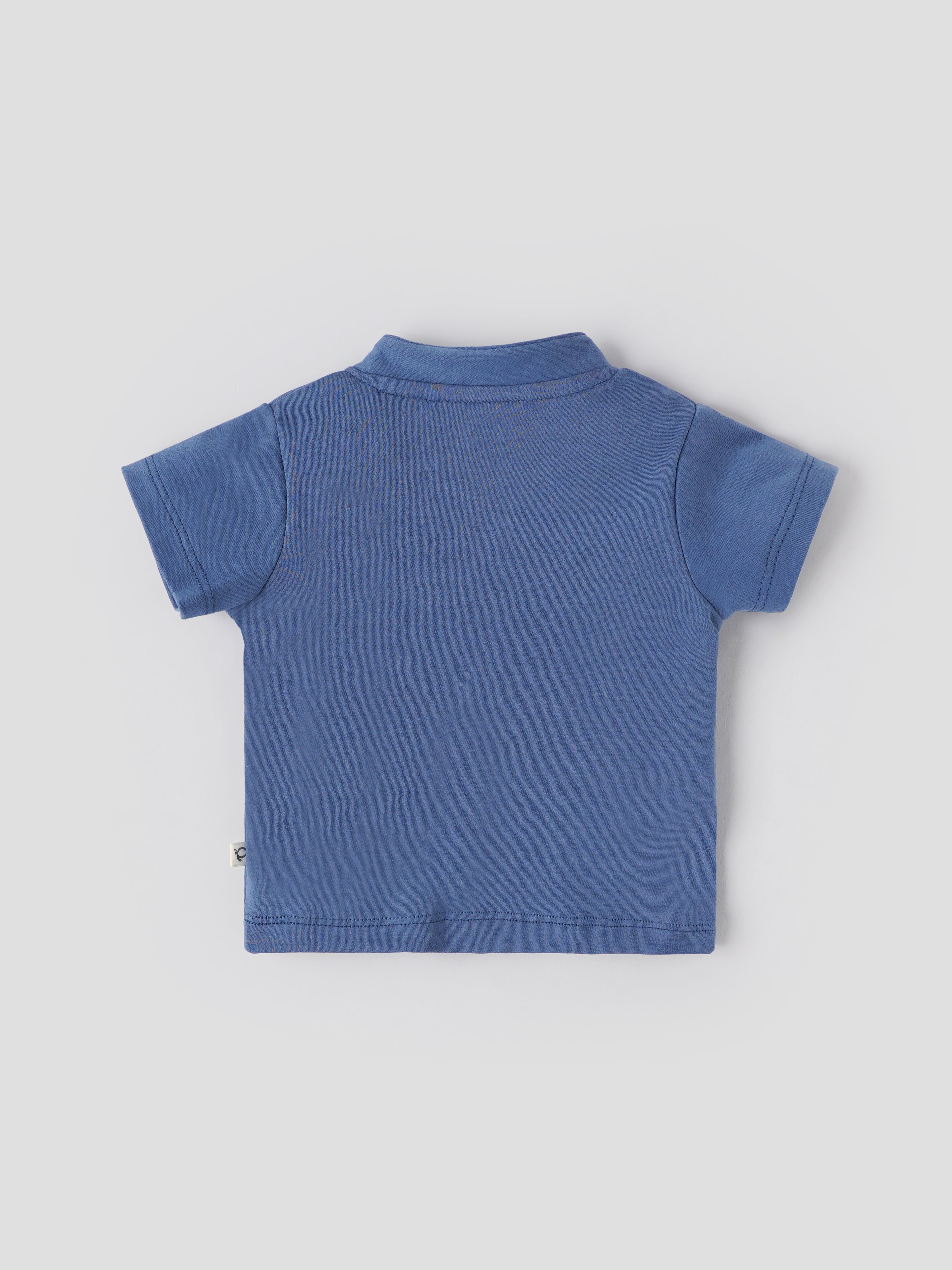 Popees Baby Boys Short Sleeve T-Shirt | Racing Car Print Cotton Mandarin Collar Tee | Blue | NB-9 Months