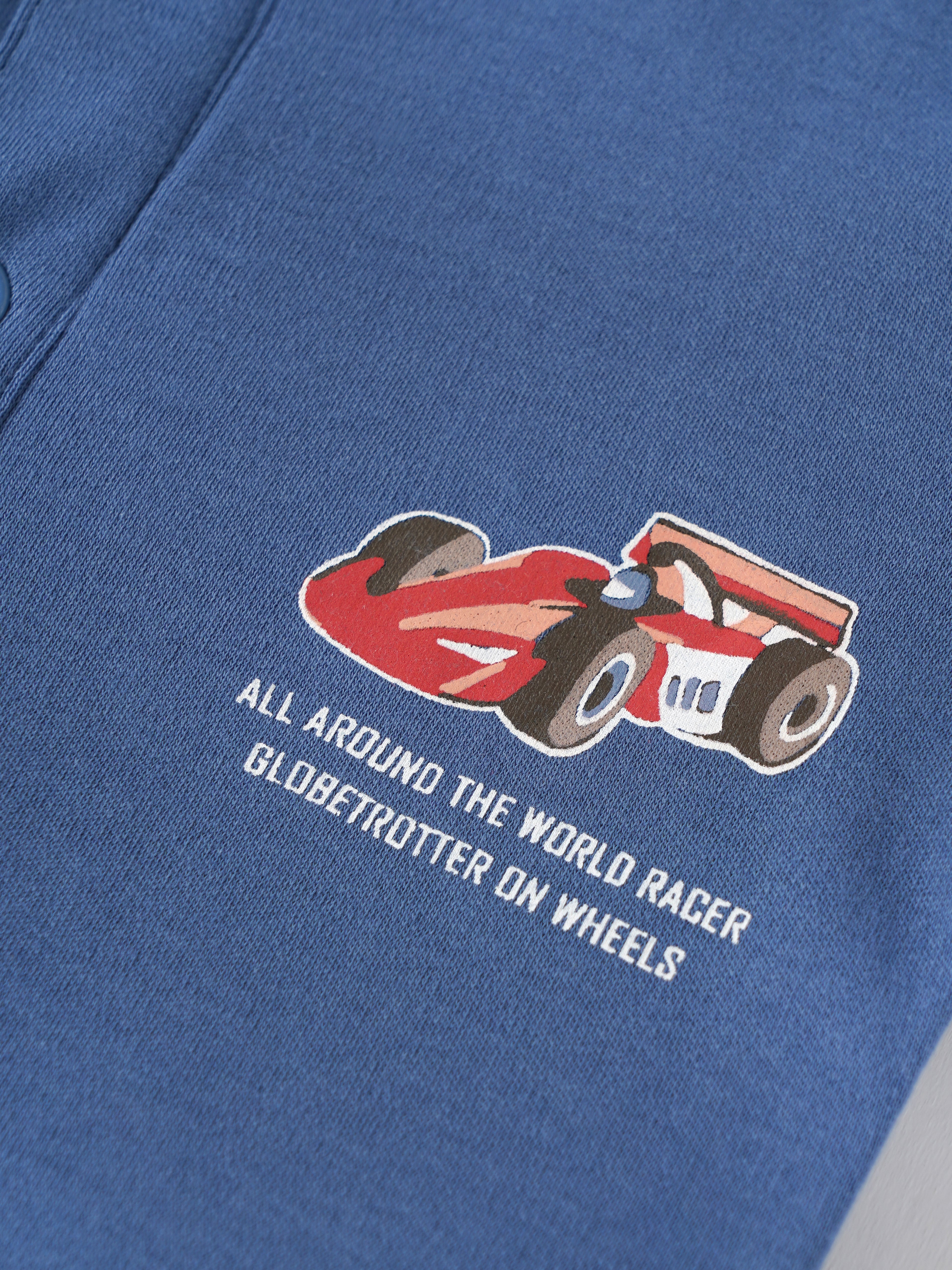 Popees Baby Boys Short Sleeve T-Shirt | Racing Car Print Cotton Mandarin Collar Tee | Blue | NB-9 Months