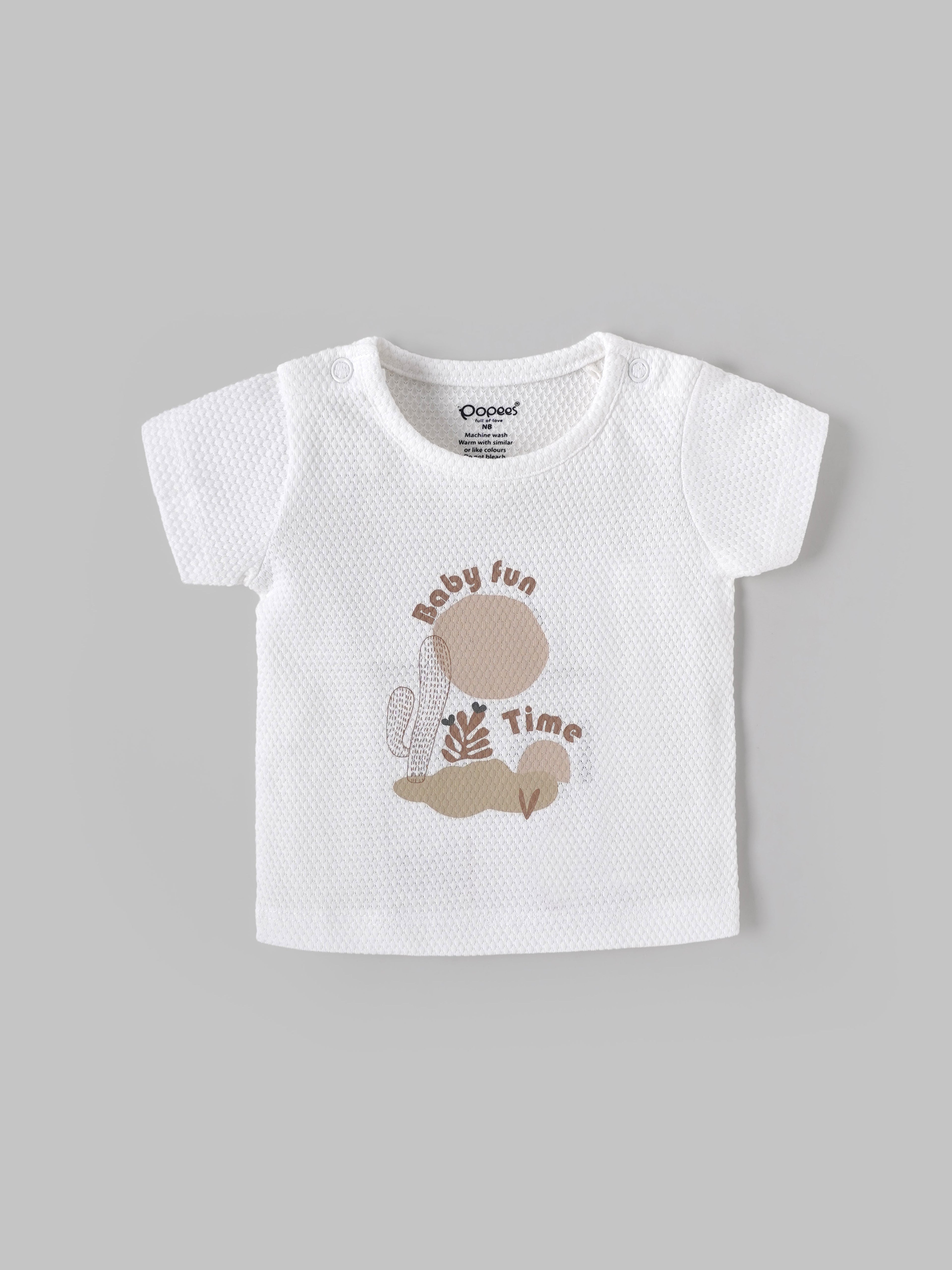 Popees Baby Boys Printed T-Shirt| Newborn–9 Months |Soft Cotton, White