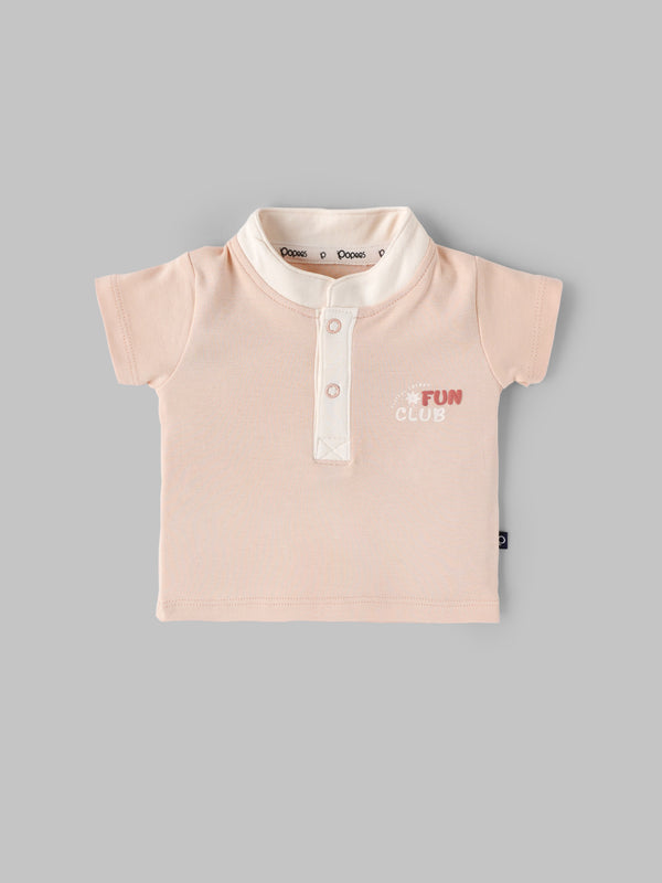 Popees Baby Boys Soft Cotton Polo T-Shirt with FUN CLUB Print| Peach (Newborn to 9 Months)