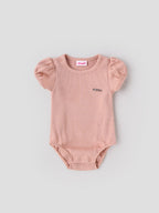 Popees Baby Girls Cotton Bodysuit with Puff Sleeves| Peach| Newborn To 9 Months