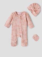 Popees Baby Girls Cotton Footed Sleepsuit Set |Full Sleeve Zip Romper with Cap & Mittens (Newborn to 9 Months)