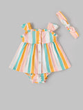 Popees Baby Girls Multicolor Striped Dress Set with Bloomer & Headband| NB–9 Months