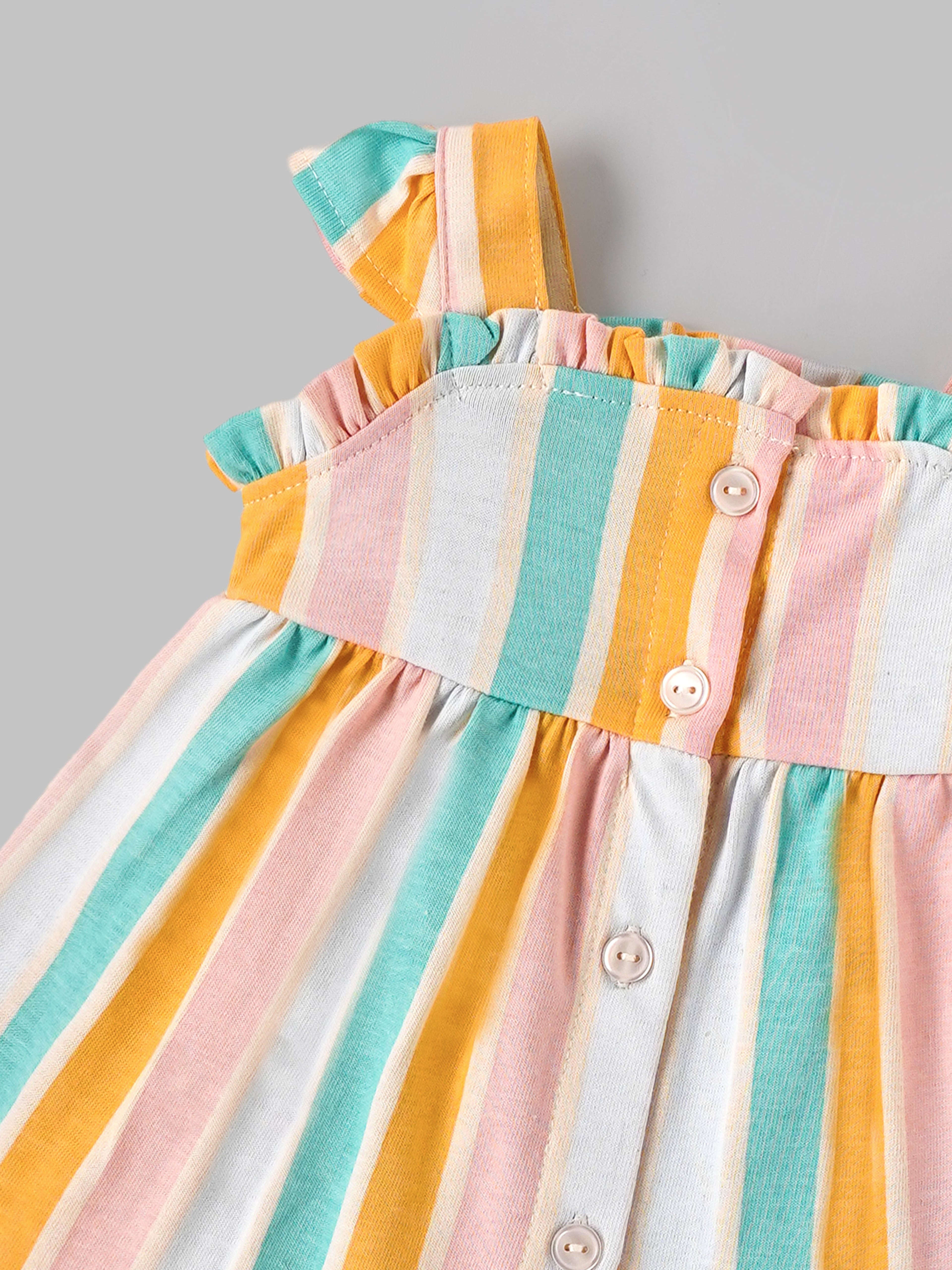 Popees Baby Girls Multicolor Striped Dress Set with Bloomer & Headband| NB–9 Months