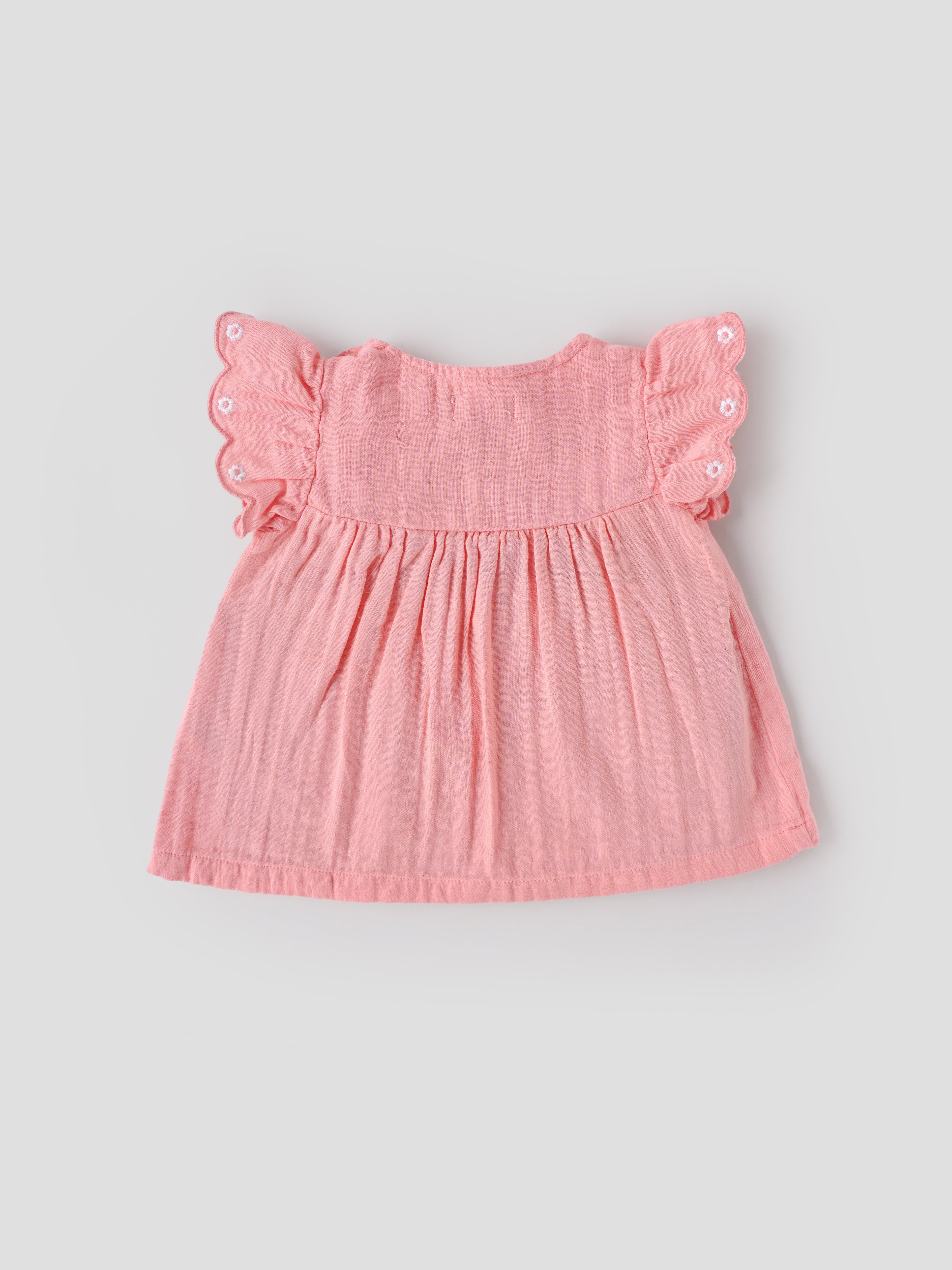Popees Baby Girls Peach Embroidered Cotton Dress |Flutter Sleeves, Back Button, Size 0M to 9M