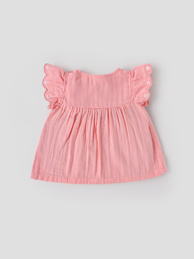 Popees Baby Girls Peach Embroidered Cotton Dress |Flutter Sleeves, Back Button, Size 0M to 9M
