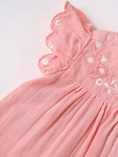 Popees Baby Girls Peach Embroidered Cotton Dress |Flutter Sleeves, Back Button, Size 0M to 9M