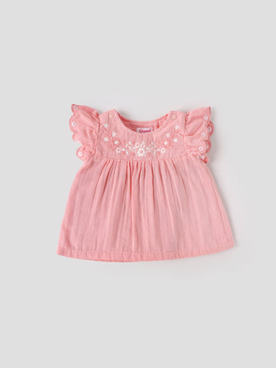 Popees Baby Girls Peach Embroidered Cotton Dress |Flutter Sleeves, Back Button, Size 0M to 9M