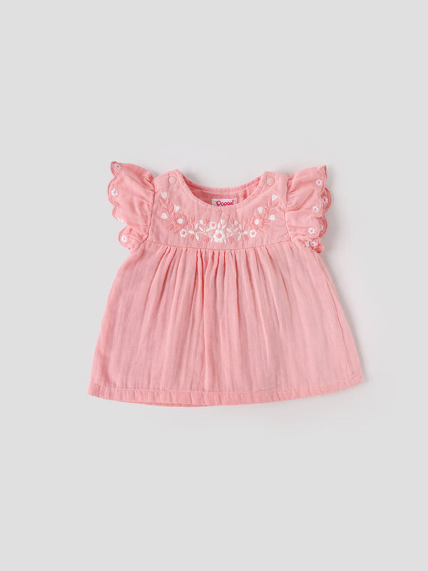Popees Baby Girls Peach Embroidered Cotton Dress |Flutter Sleeves, Back Button, Size 0M to 9M