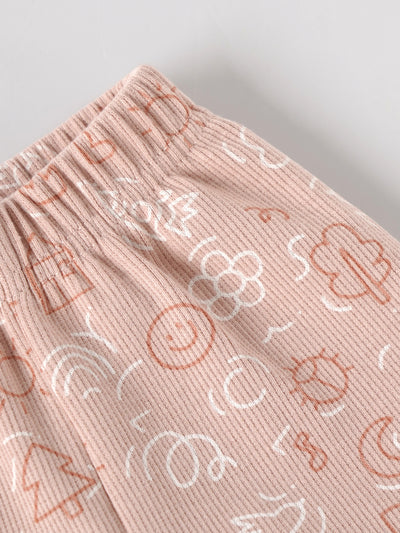Popees Baby Girls Ribbed Cotton Printed Shorts |Peach, Elastic Waist, Size NB to 9M