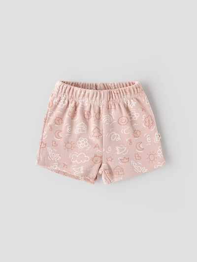 Popees Baby Girls Ribbed Cotton Printed Shorts |Peach, Elastic Waist, Size NB to 9M