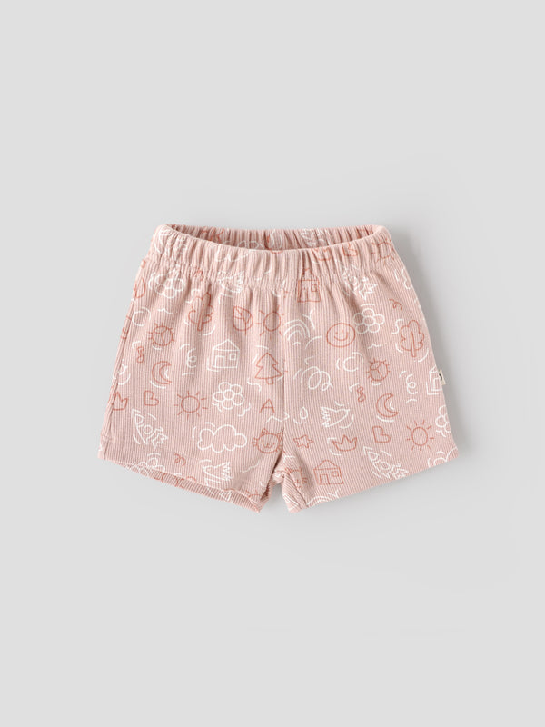 Popees Baby Girls Ribbed Cotton Printed Shorts |Peach, Elastic Waist, Size NB to 9M
