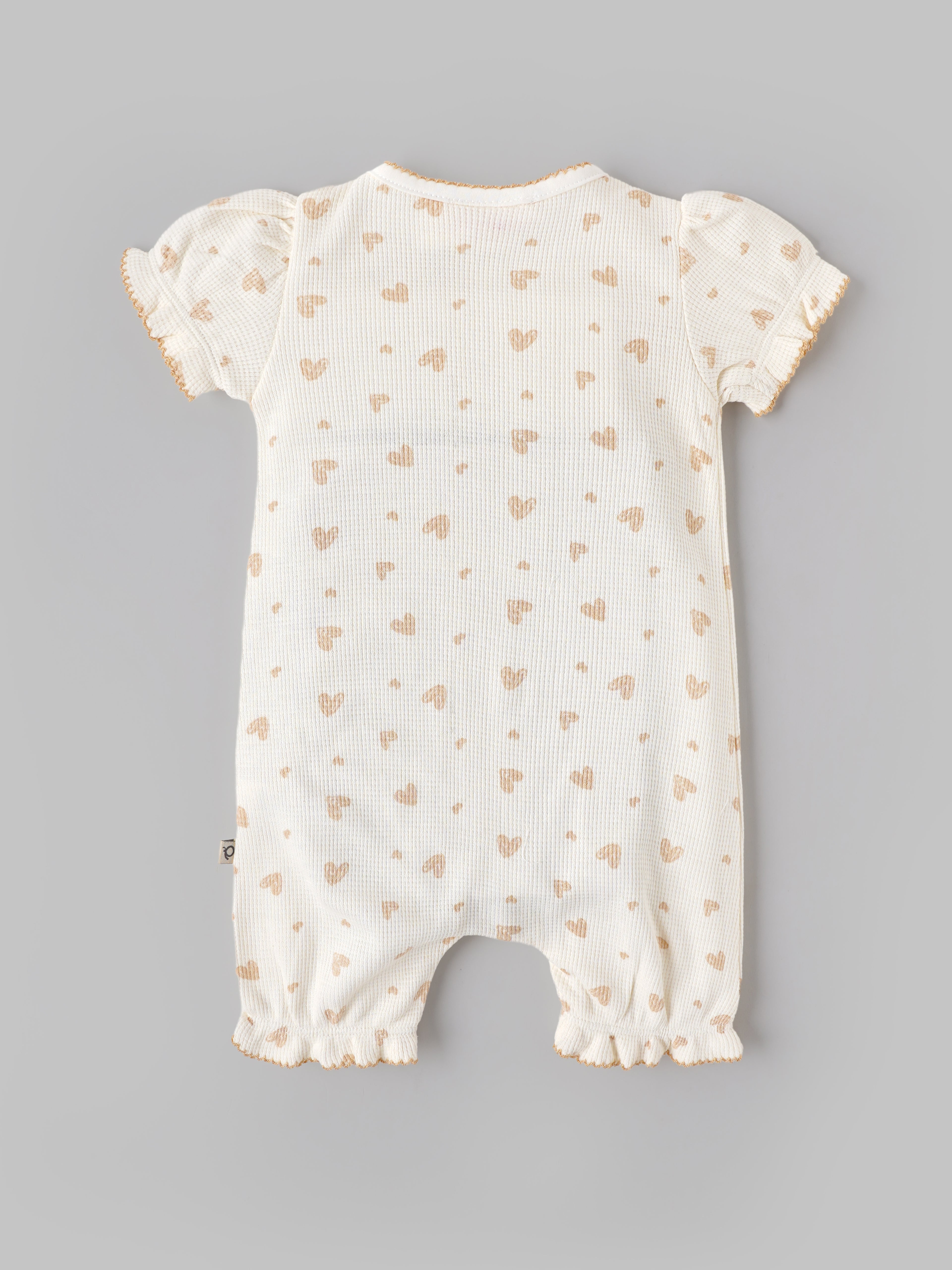 Popees Baby Girls Heart Print Cotton Romper | Soft Wrap Style Puff Sleeve Jumpsuit | 0–9 Months