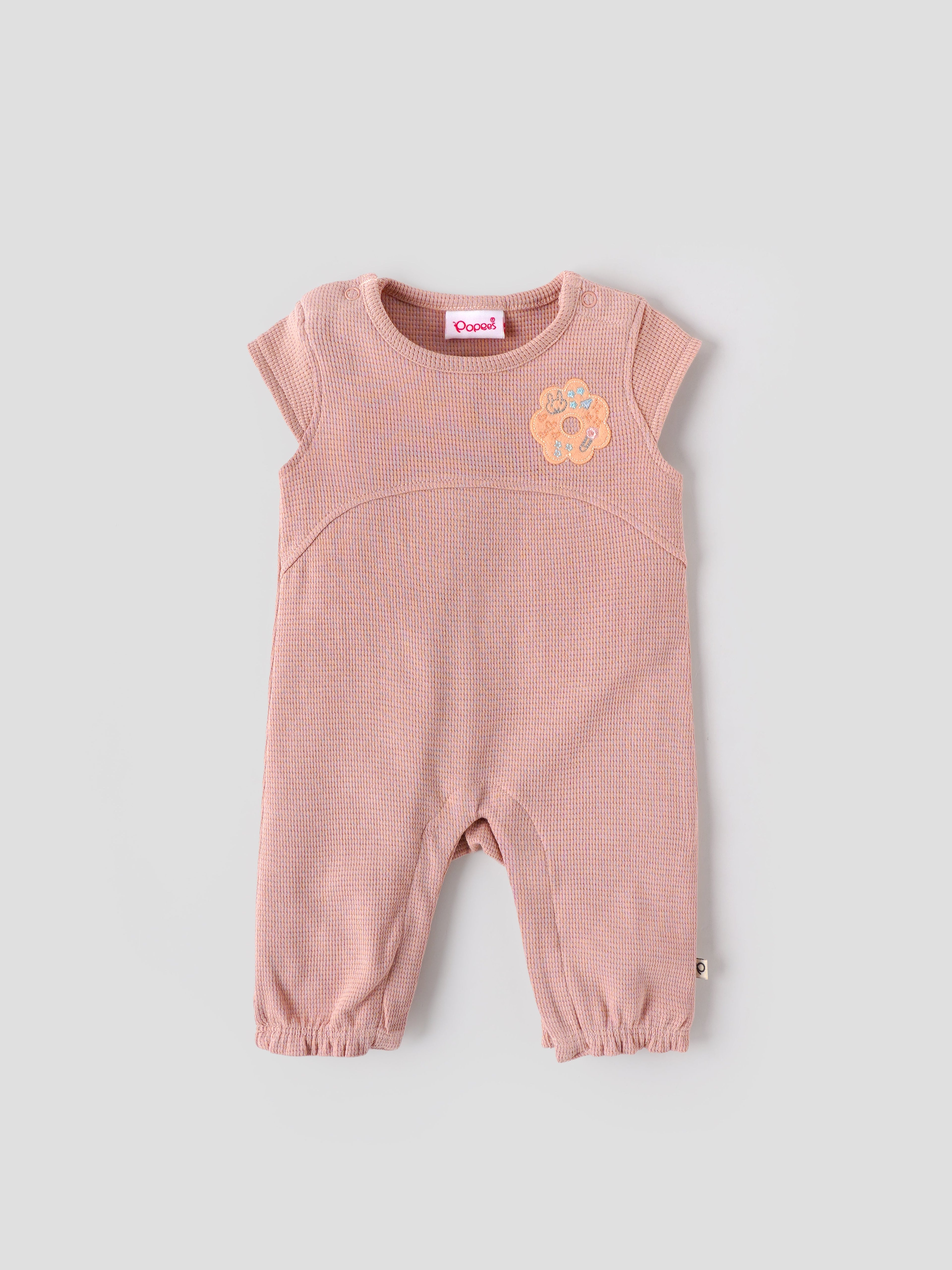 Popees Dusty Peach Baby Girls Romper with Floral Patch | Tiny Baby, Newborn to 6 M