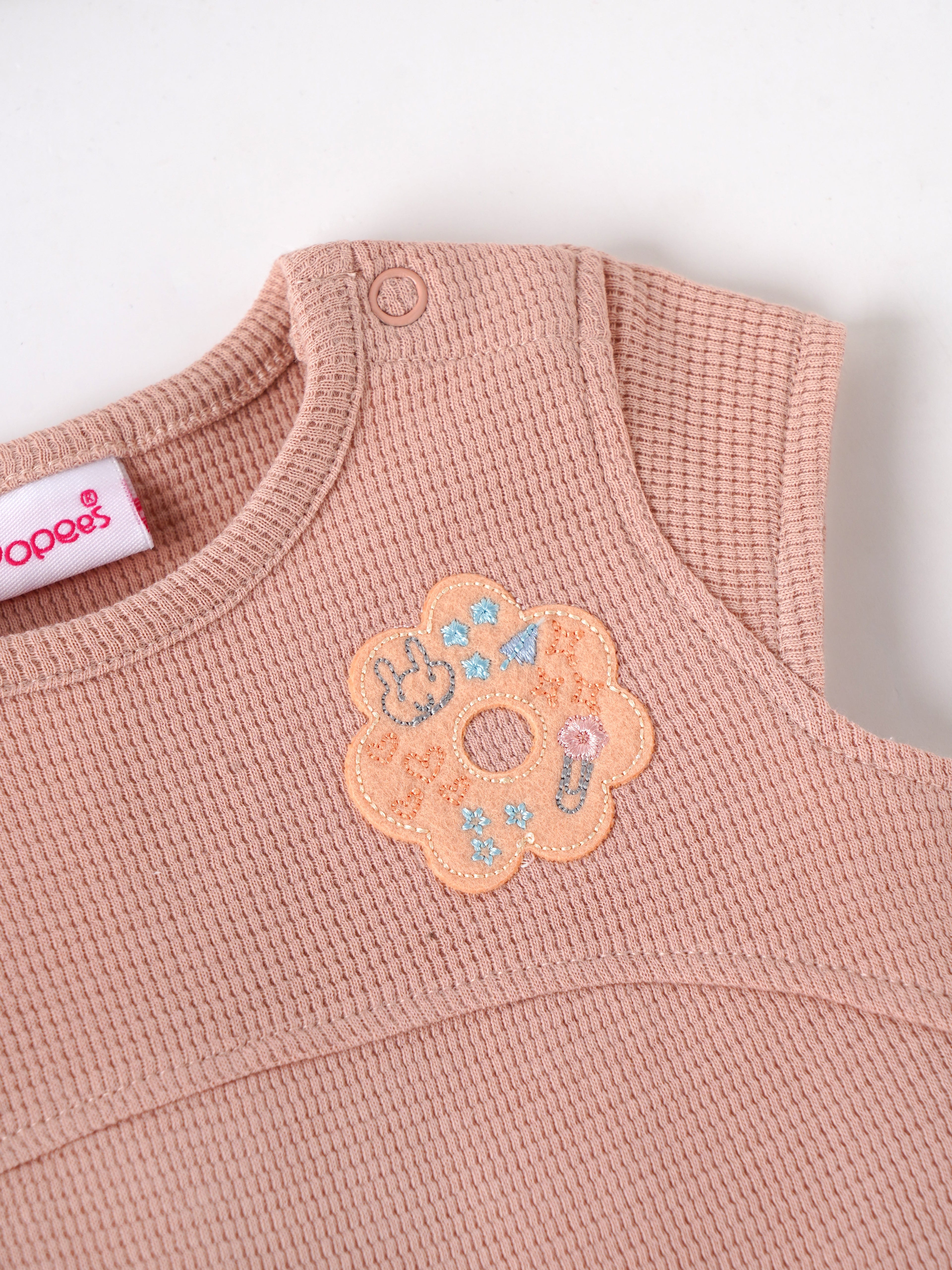 Popees Dusty Peach Baby Girls Romper with Floral Patch | Tiny Baby, Newborn to 6 M