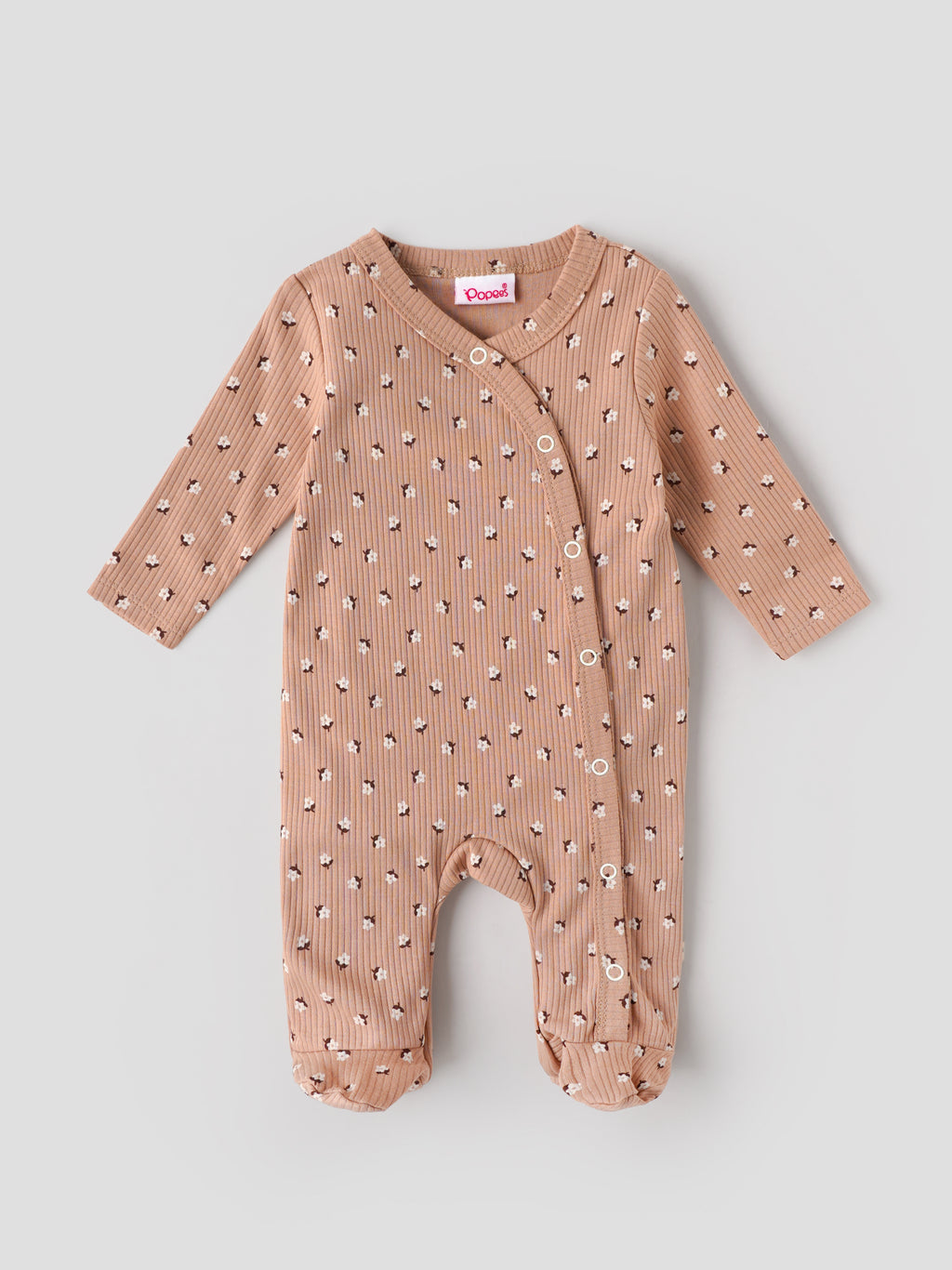 Popees Baby Girls Soft & Comfy Full Sleeve Floral Printed Ribbed Footed Romper | NB – 6 Months
