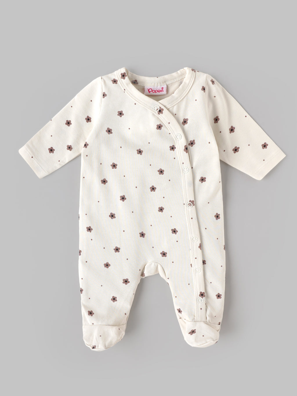 Popees Baby Girls Soft Floral Printed Full Sleeve Sleep Suit | Comfortable Cotton-Feel Baby Sleep Suit with Front Button Closure | Cute Everyday Wear | 0–6 Months