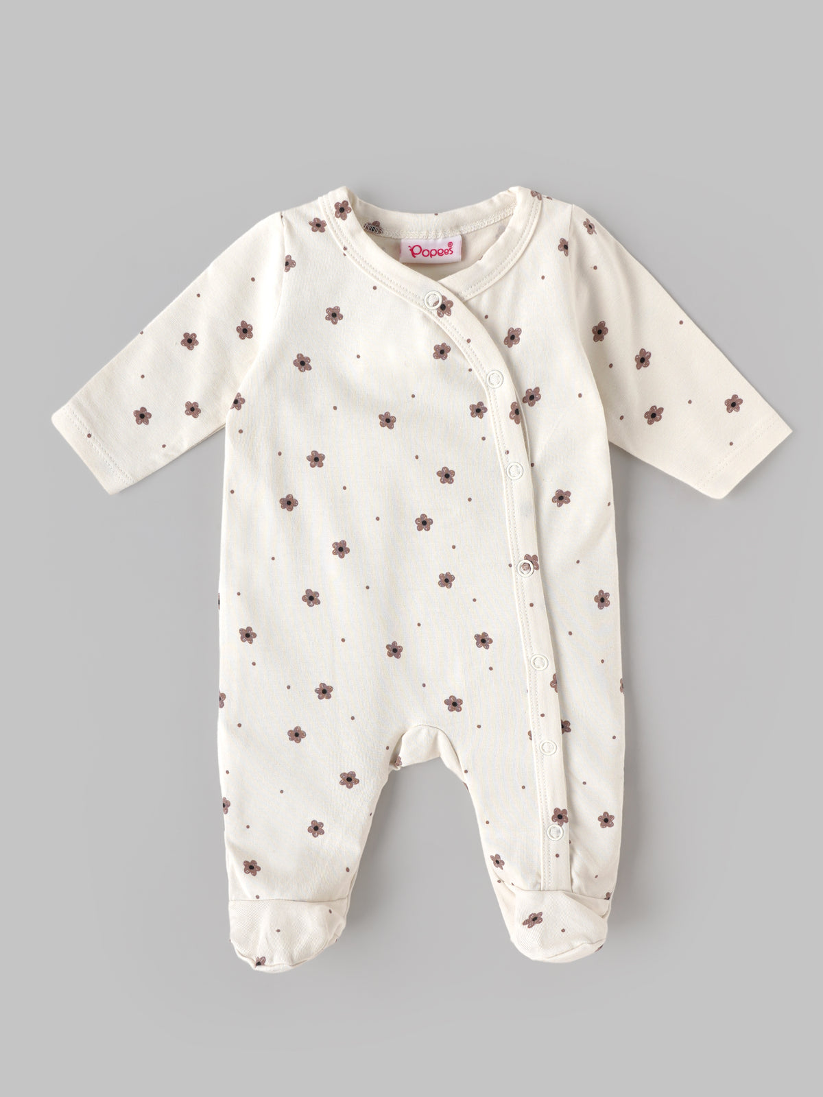 Popees Baby Girls Soft Floral Printed Full Sleeve Sleep Suit | Comfortable Cotton-Feel Baby Sleep Suit with Front Button Closure | Cute Everyday Wear | 0–6 Months