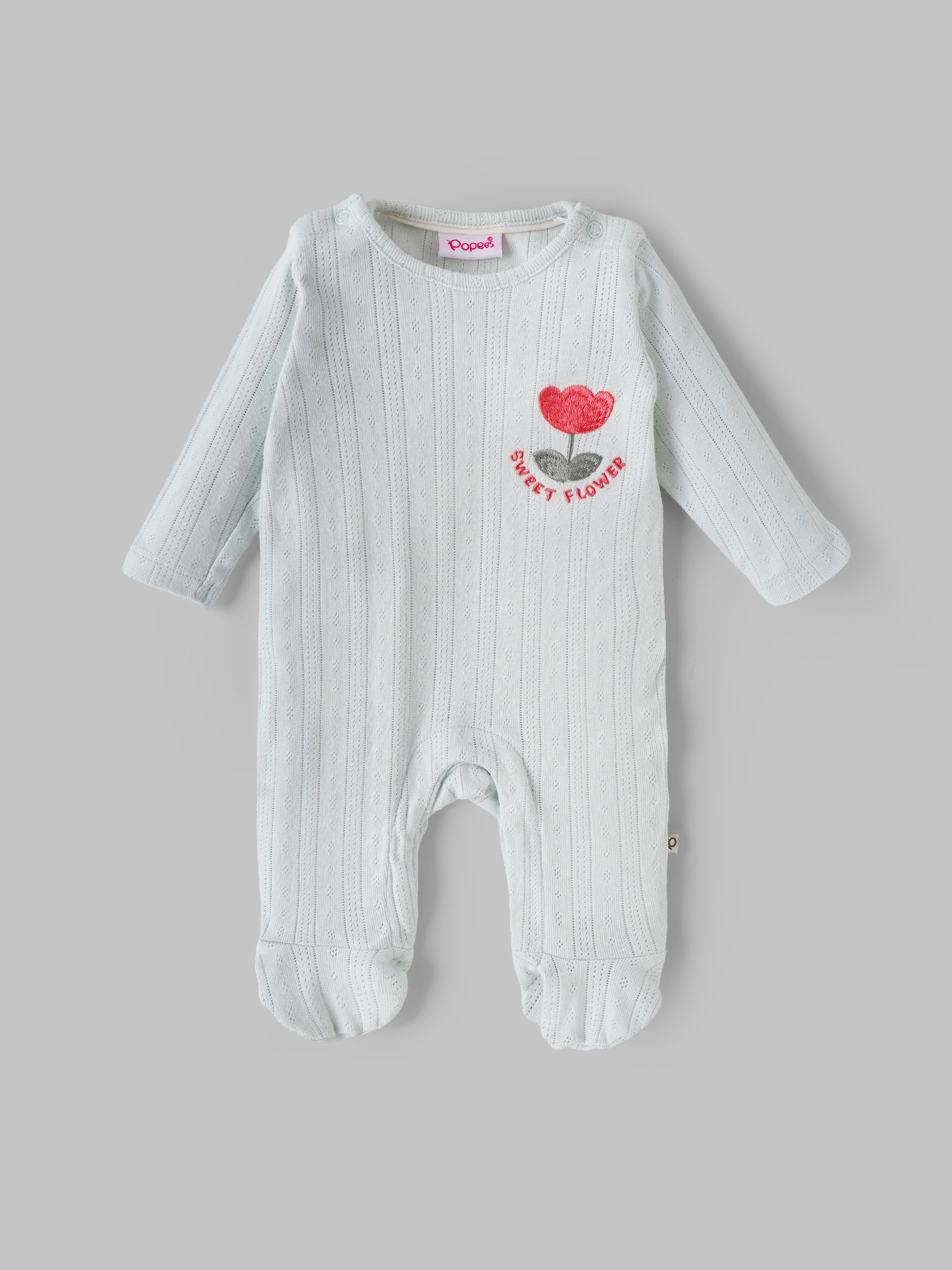 Popees Baby Girls Mint “Sweet Flower” Sleepsuit | Tiny Baby, Newborn–6 Months