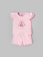 Popees Baby Girls Top & Shorts Set| Newborn–9 Months| Pink Printed Cotton Summer Outfit