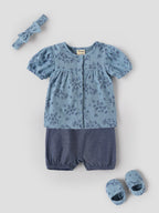 Popees Baby Girls Blue Floral Printed Top & Bloomer Set |Matching Headband and Booties |0-9 Months