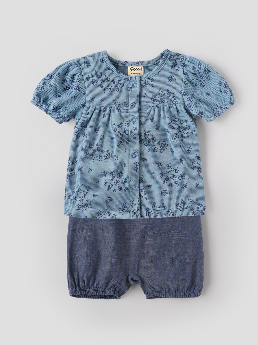 Popees Baby Girls Blue Floral Printed Top & Bloomer Set |Matching Headband and Booties |0-9 Months