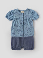 Popees Baby Girls Blue Floral Printed Top & Bloomer Set |Matching Headband and Booties |0-9 Months