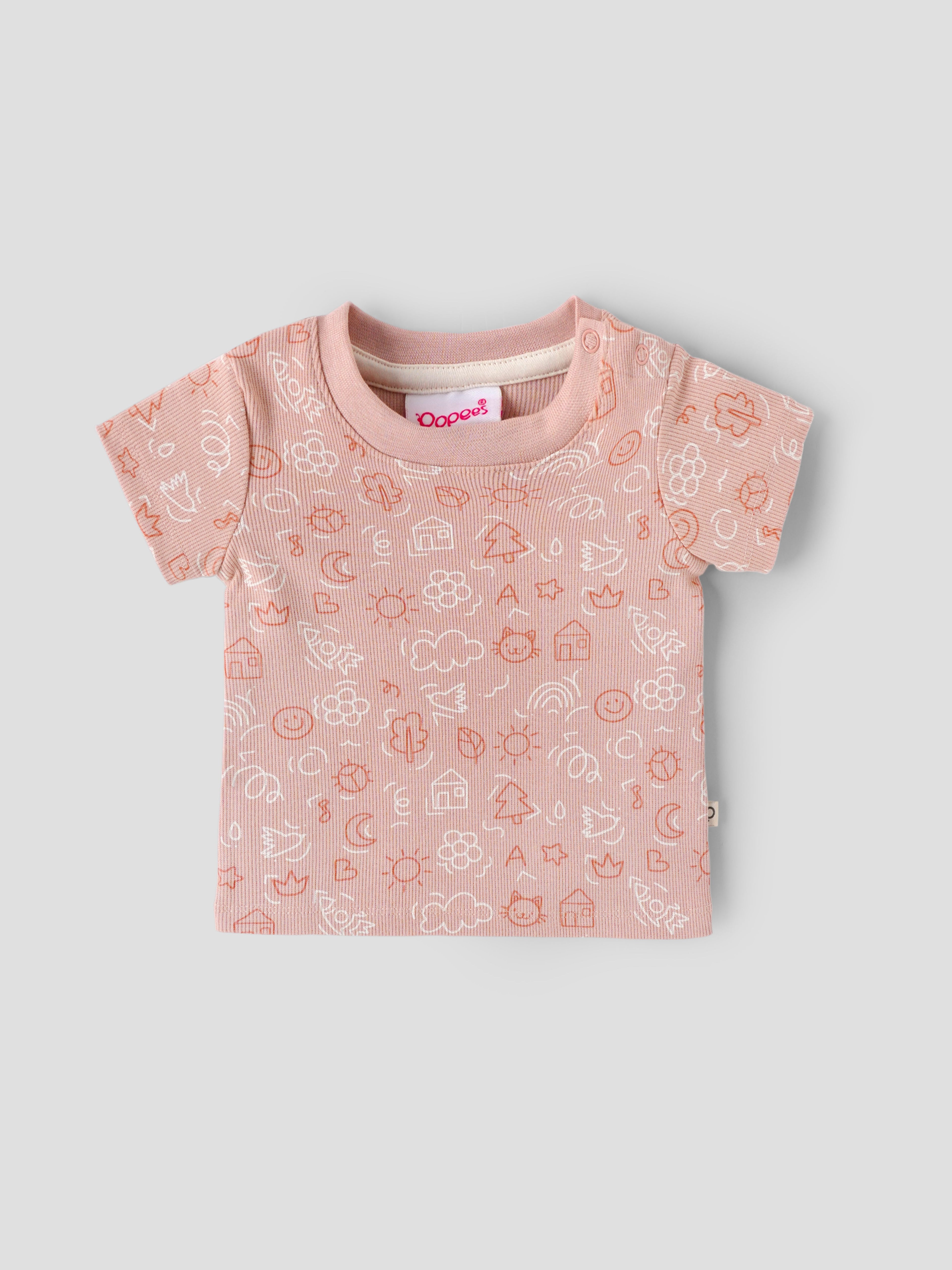 Popees Baby Girl Cotton T-Shirt – Peach Doodle Print |Newborn to 9 M