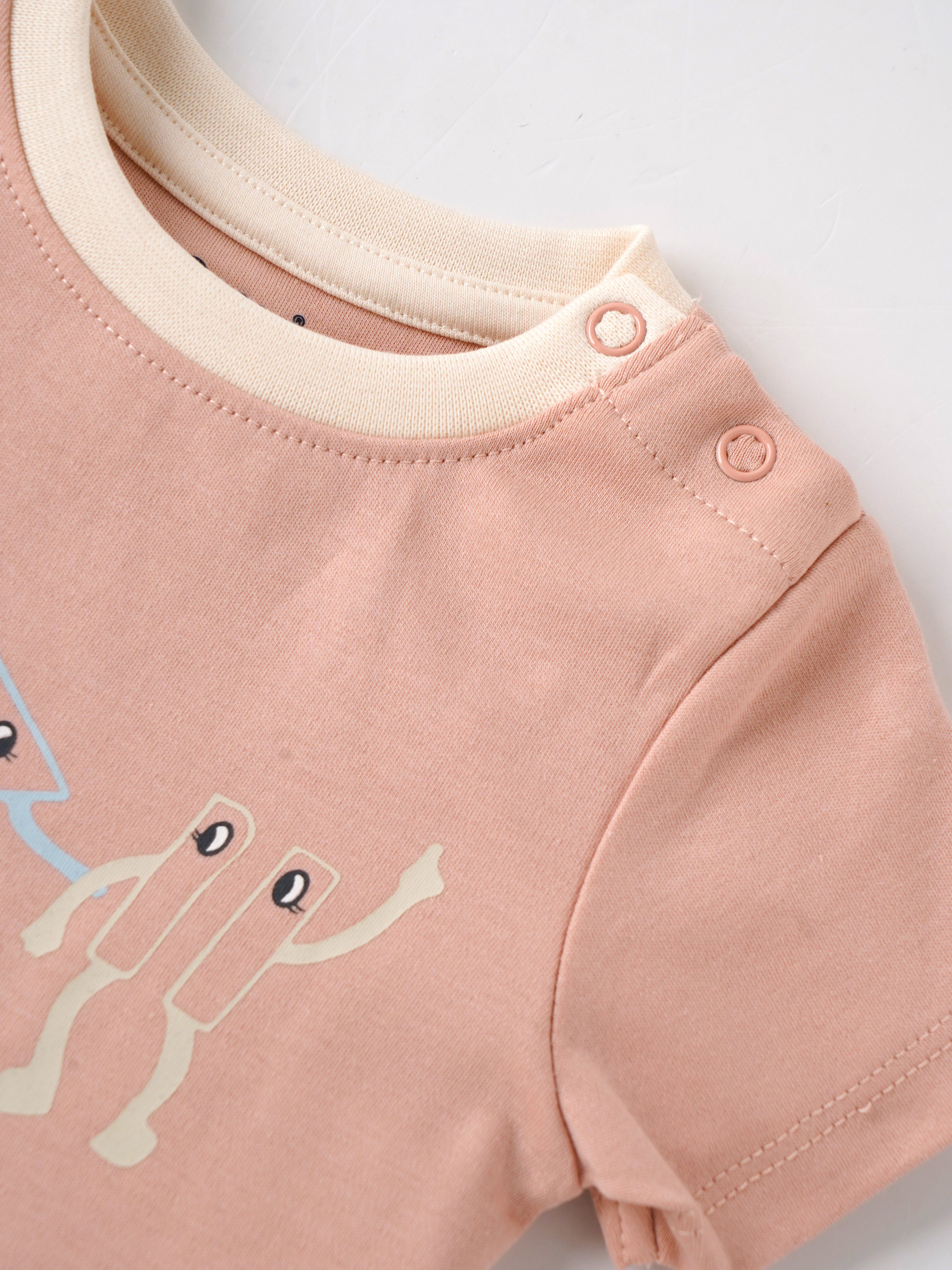 Popees Baby Girls Peach Cotton Graphic T-Shirt |Play All Day Print, Size NB to 9M