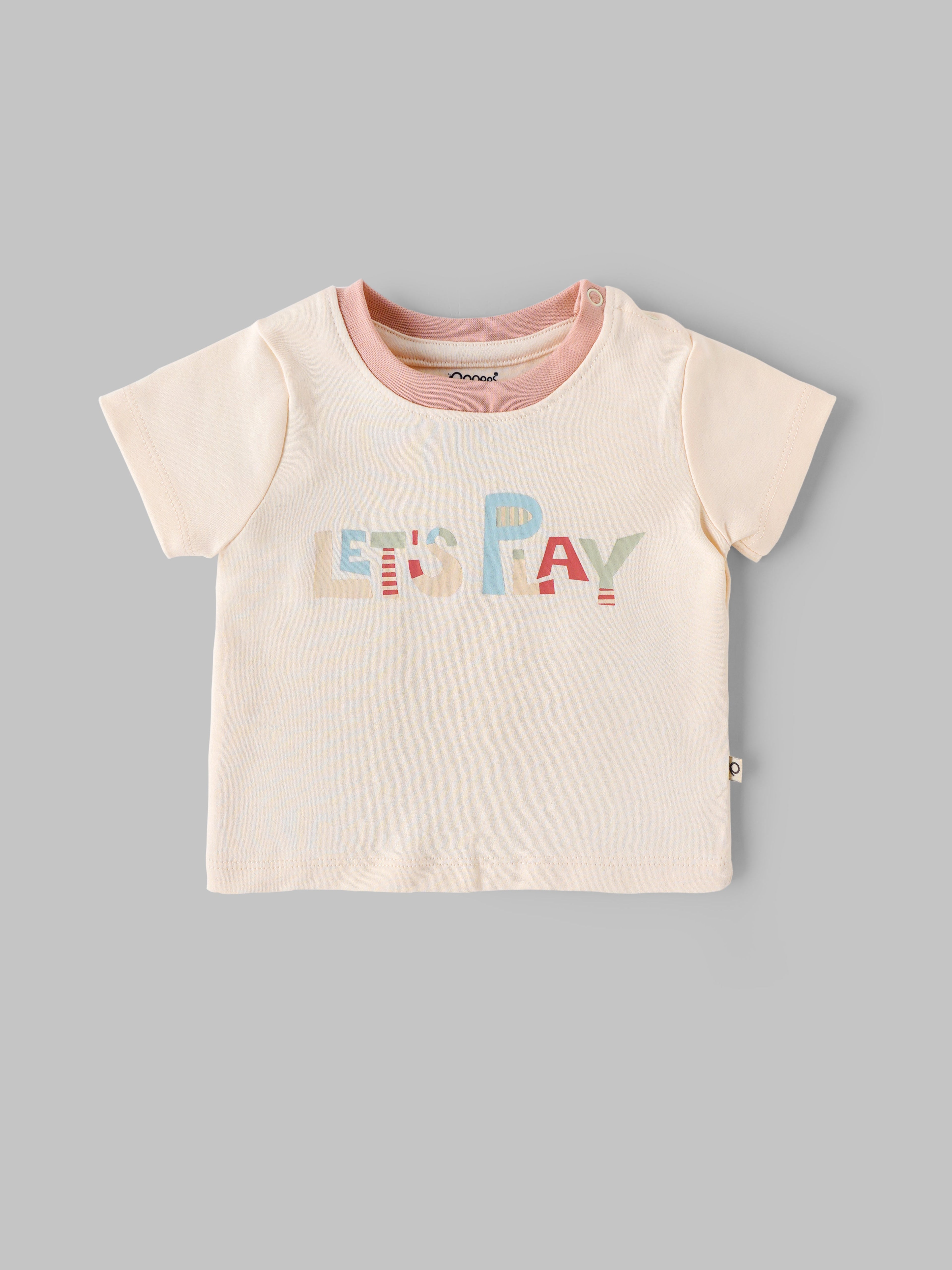 Popees Baby Girls Cream Cotton “Let’s Play” Graphic T-Shirt |Contrast Neck, Sizes NB–9M