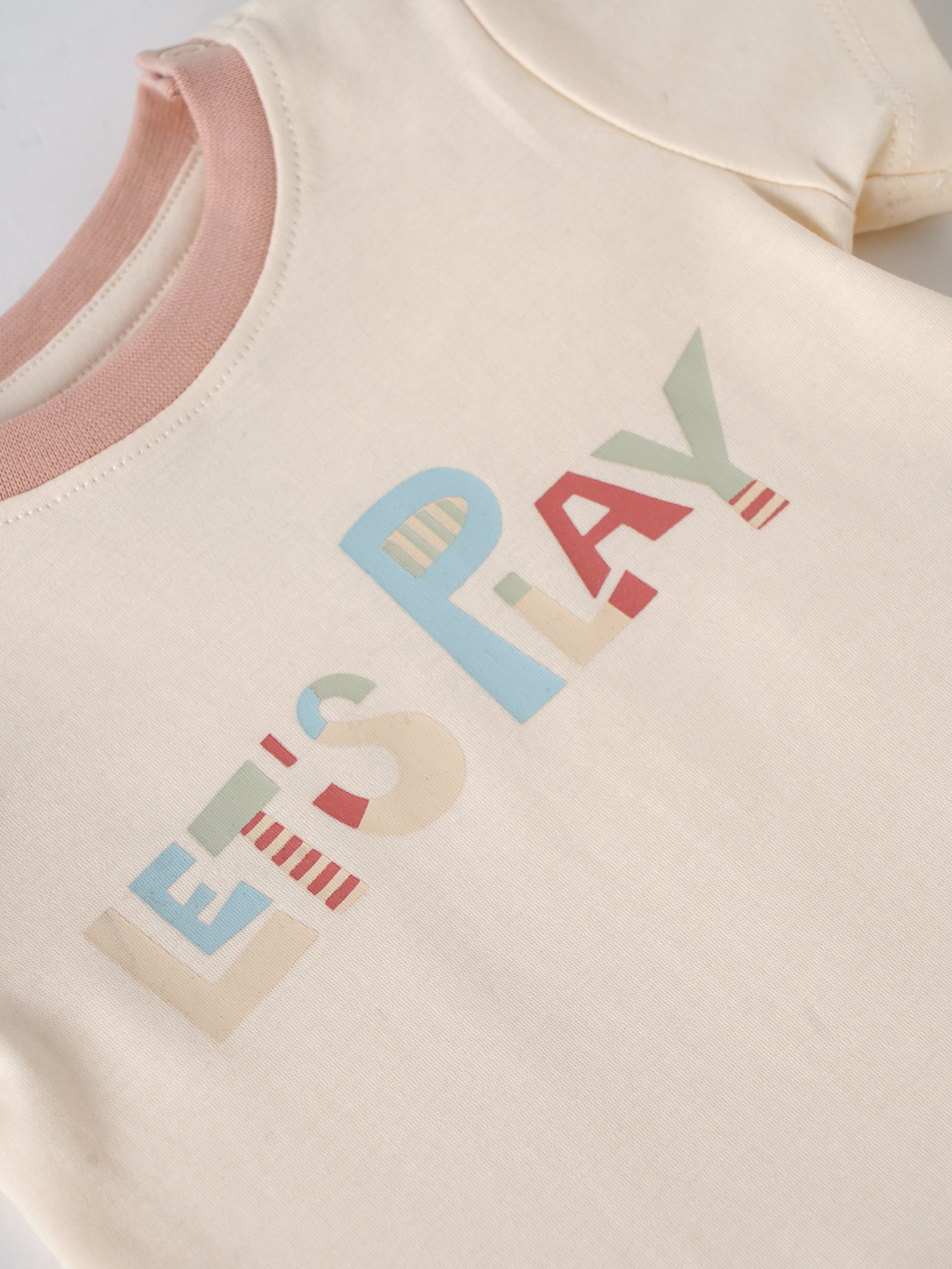 Popees Baby Girls Cream Cotton “Let’s Play” Graphic T-Shirt |Contrast Neck, Sizes NB–9M