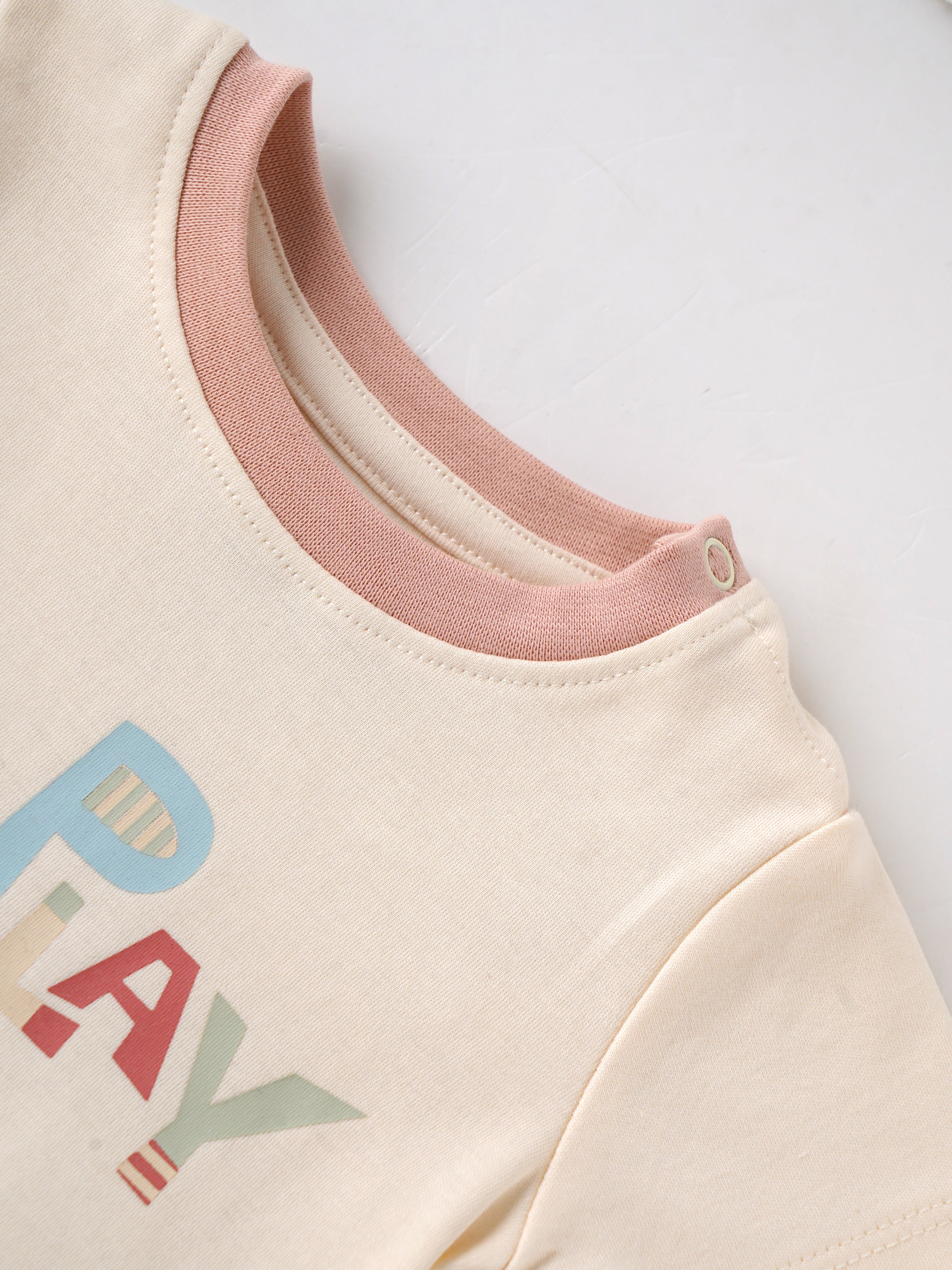 Popees Baby Girls Cream Cotton “Let’s Play” Graphic T-Shirt |Contrast Neck, Sizes NB–9M