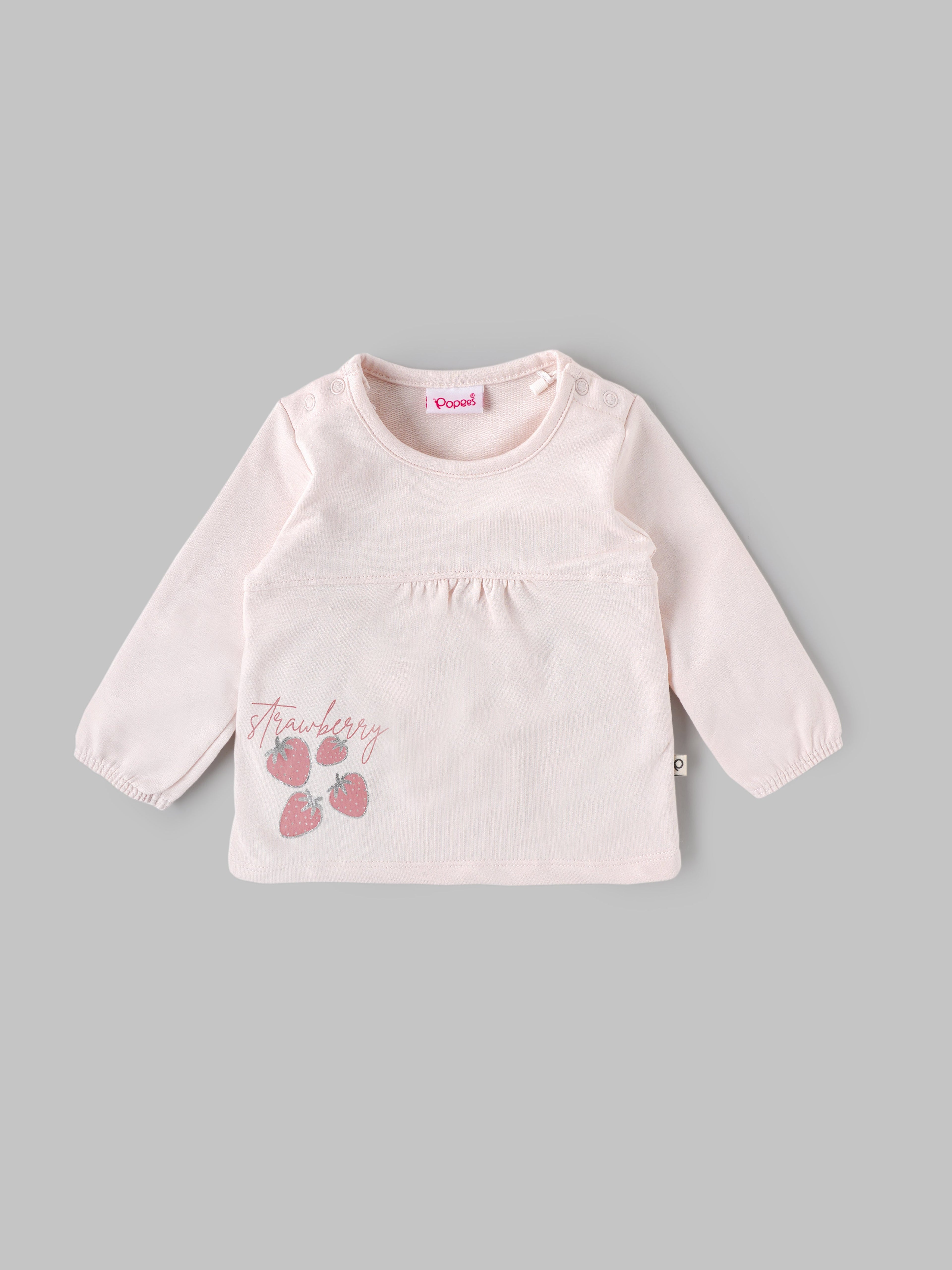 Popees Baby Girls Strawberry Print Full Sleeve Top| Pink| Newborn to 9 Months