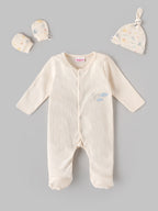 Popees Baby Unisex Cream Ribbed Sleepsuit Set with Rainbow Print, Matching Knotted Cap & Mittens | 0-6 Months