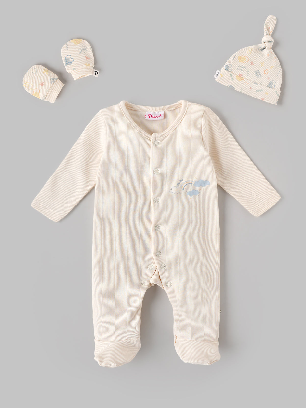 Popees Baby Unisex Cream Ribbed Sleepsuit Set with Rainbow Print, Matching Knotted Cap & Mittens | 0-6 Months