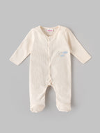 Popees Baby Unisex Cream Ribbed Sleepsuit Set with Rainbow Print, Matching Knotted Cap & Mittens | 0-6 Months