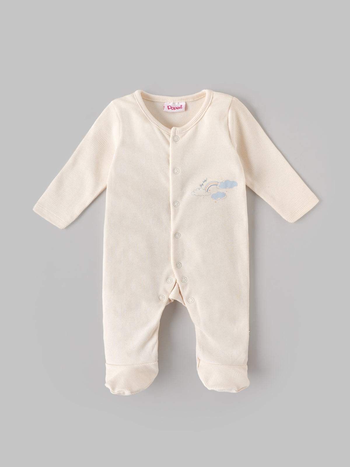 Popees Baby Unisex Cream Ribbed Sleepsuit Set with Rainbow Print, Matching Knotted Cap & Mittens | 0-6 Months