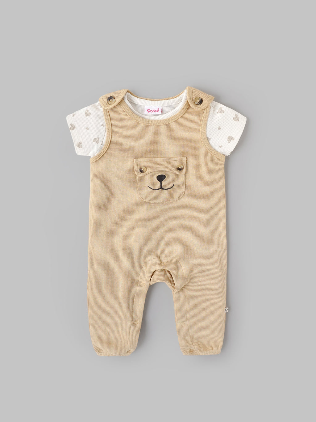 Popees Baby Unisex Cotton Dungaree Set with T-Shirt| Off White| Newborn To 9 Months