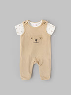Popees Baby Unisex Cotton Dungaree Set with T-Shirt| Off White| Newborn To 9 Months