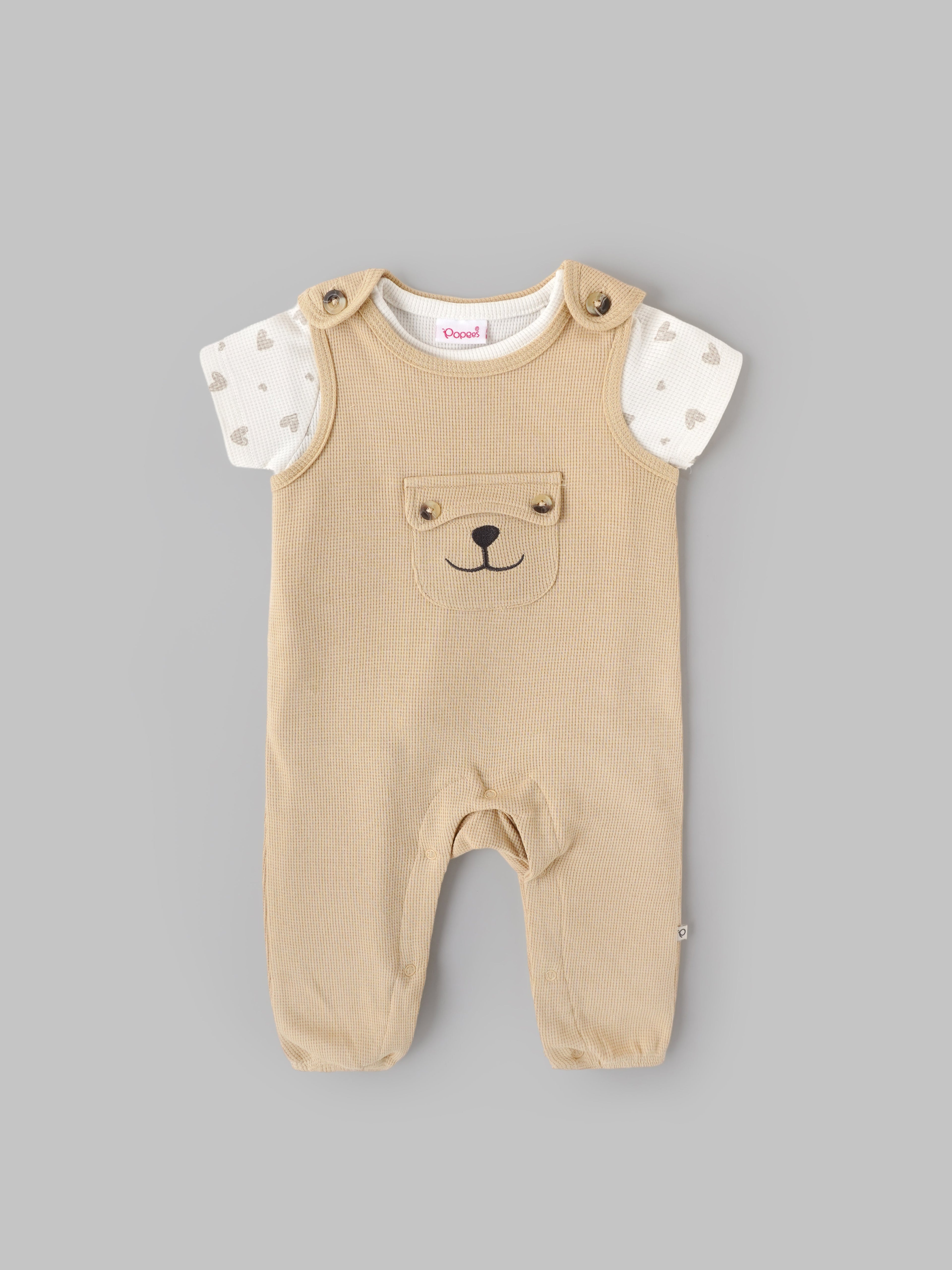 Popees Baby Unisex Cotton Dungaree Set with T-Shirt| Off White| Newborn To 9 Months