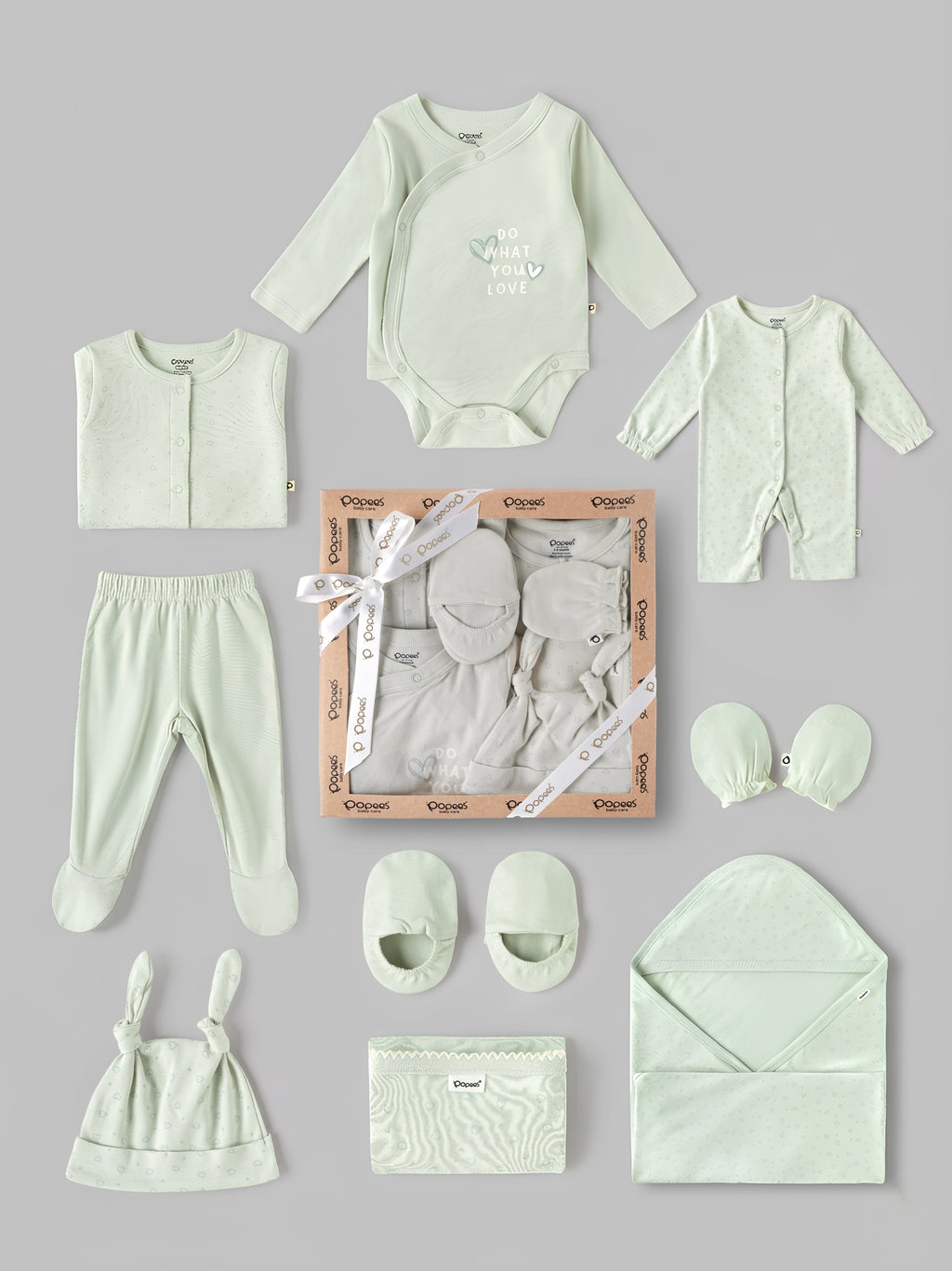 Popees Unisex Newborn Baby Gift Box Set | 100% Cotton Essential Clothing & Accessories Kit | Mint Green |  0-6 Months