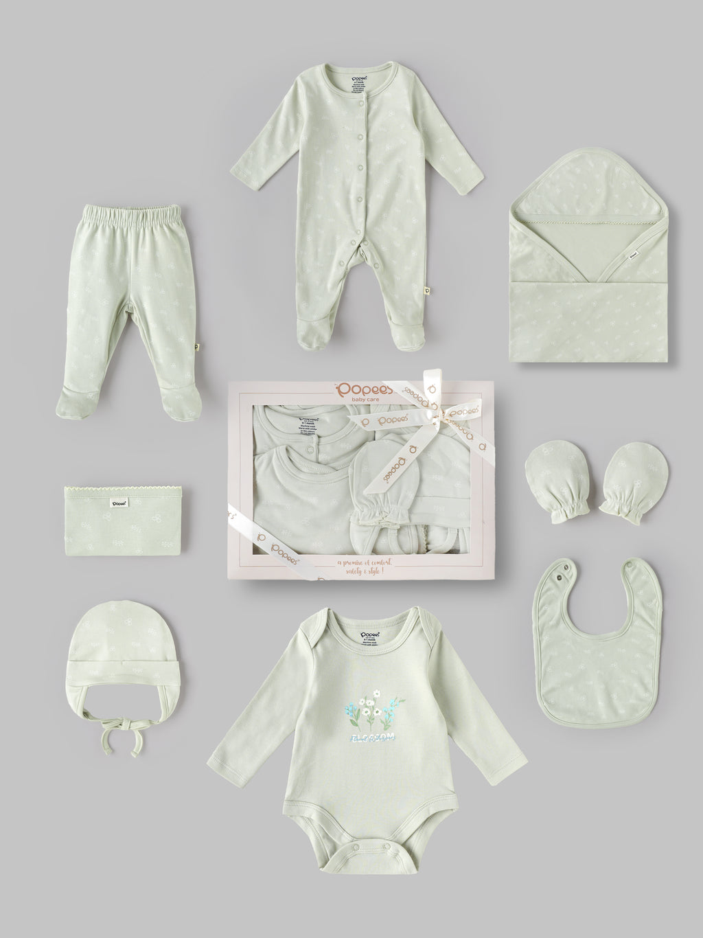 Popees Unisex Newborn Baby Gift Box Set | 8-Piece Premium Cotton Baby Essentials Hamper with Romper, Bodysuit, Blanket & Accessories | 0–6 Months