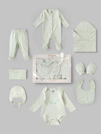 Popees Unisex Newborn Baby Gift Box Set | 8-Piece Premium Cotton Baby Essentials Hamper with Romper, Bodysuit, Blanket & Accessories | 0–6 Months