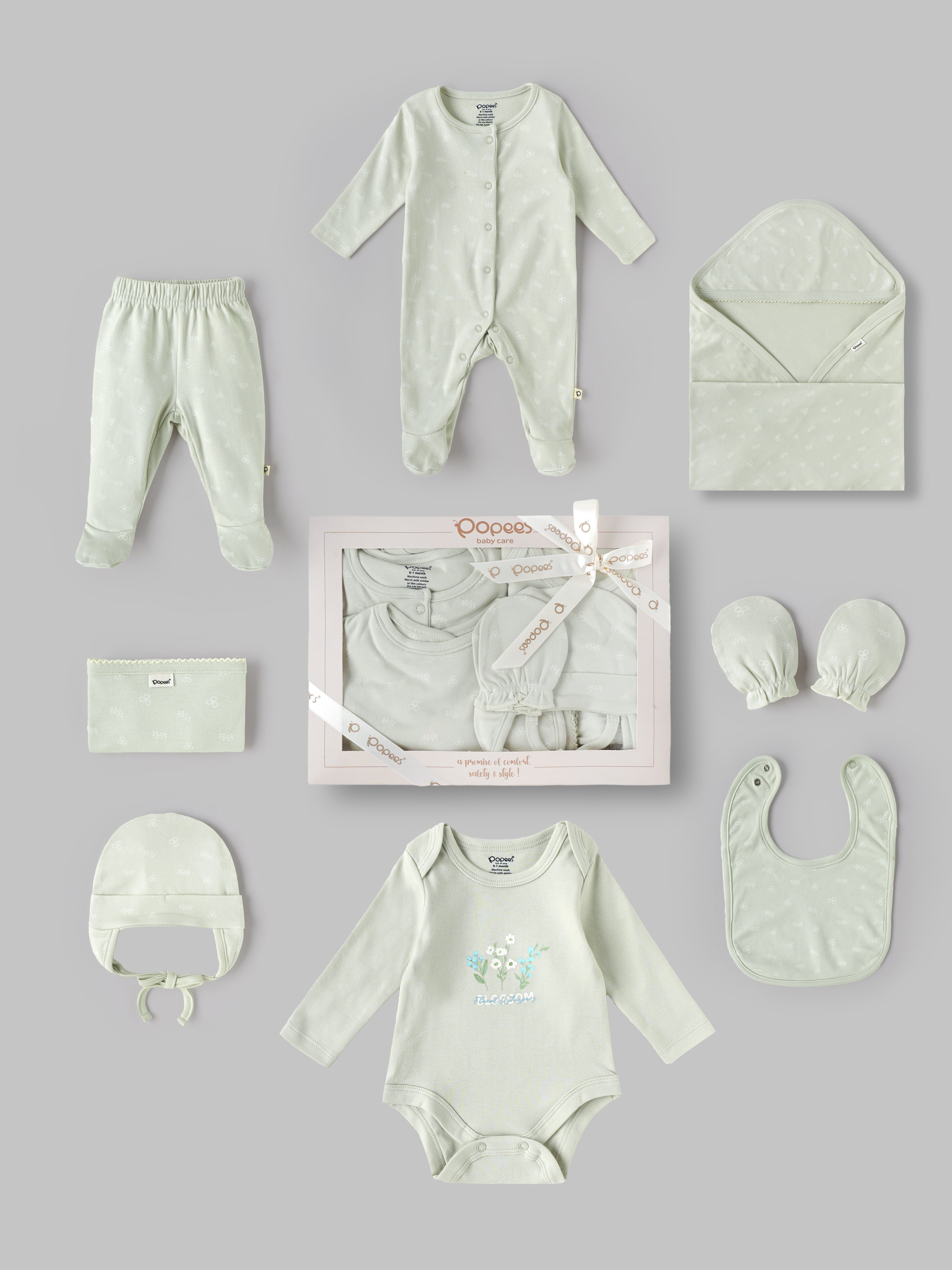Popees Unisex Newborn Baby Gift Box Set | 8-Piece Premium Cotton Baby Essentials Hamper with Romper, Bodysuit, Blanket & Accessories | 0–6 Months