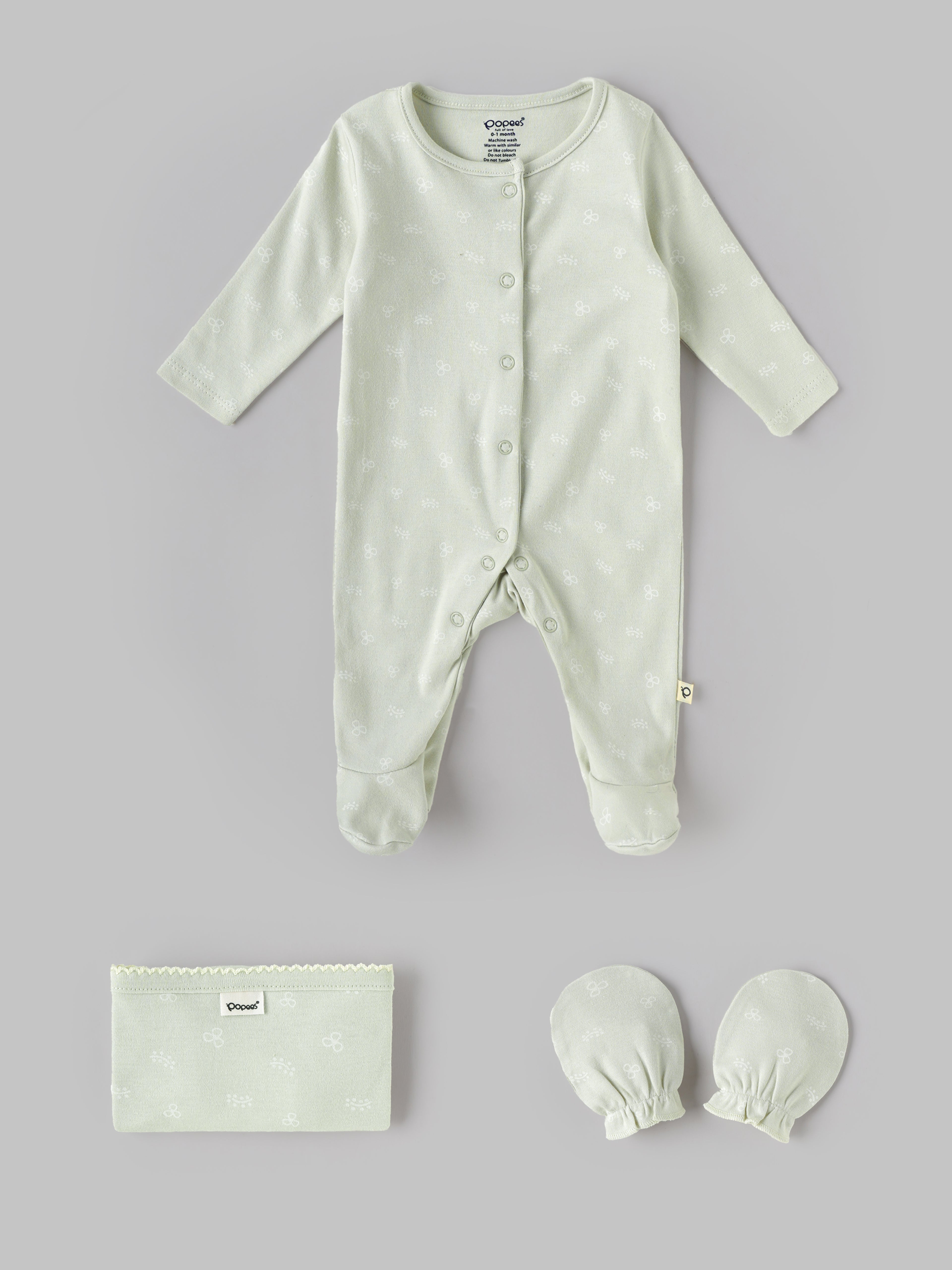 Popees Unisex Newborn Baby Gift Box Set | 8-Piece Premium Cotton Baby Essentials Hamper with Romper, Bodysuit, Blanket & Accessories | 0–6 Months
