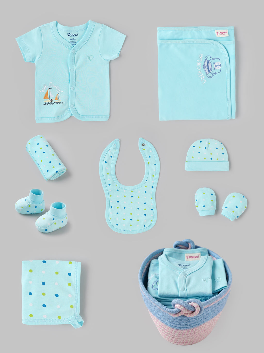 Popees Baby Boys Newborn Gift Set | Cotton Essentials Kit with Blanket, Bib, Cap, Mittens & Booties | 0–6 Months