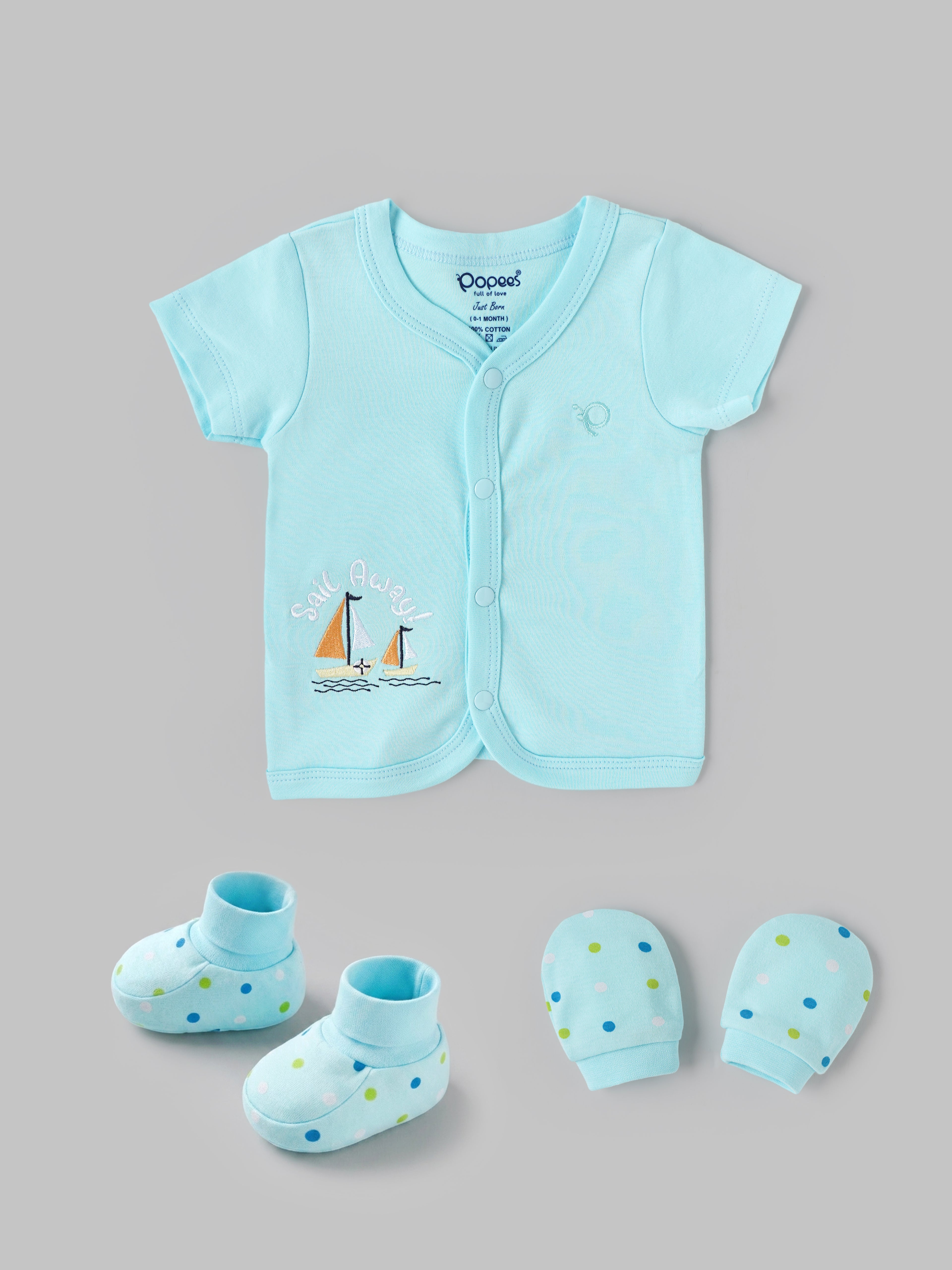 Popees Baby Boys Newborn Gift Set | Cotton Essentials Kit with Blanket, Bib, Cap, Mittens & Booties | 0–6 Months