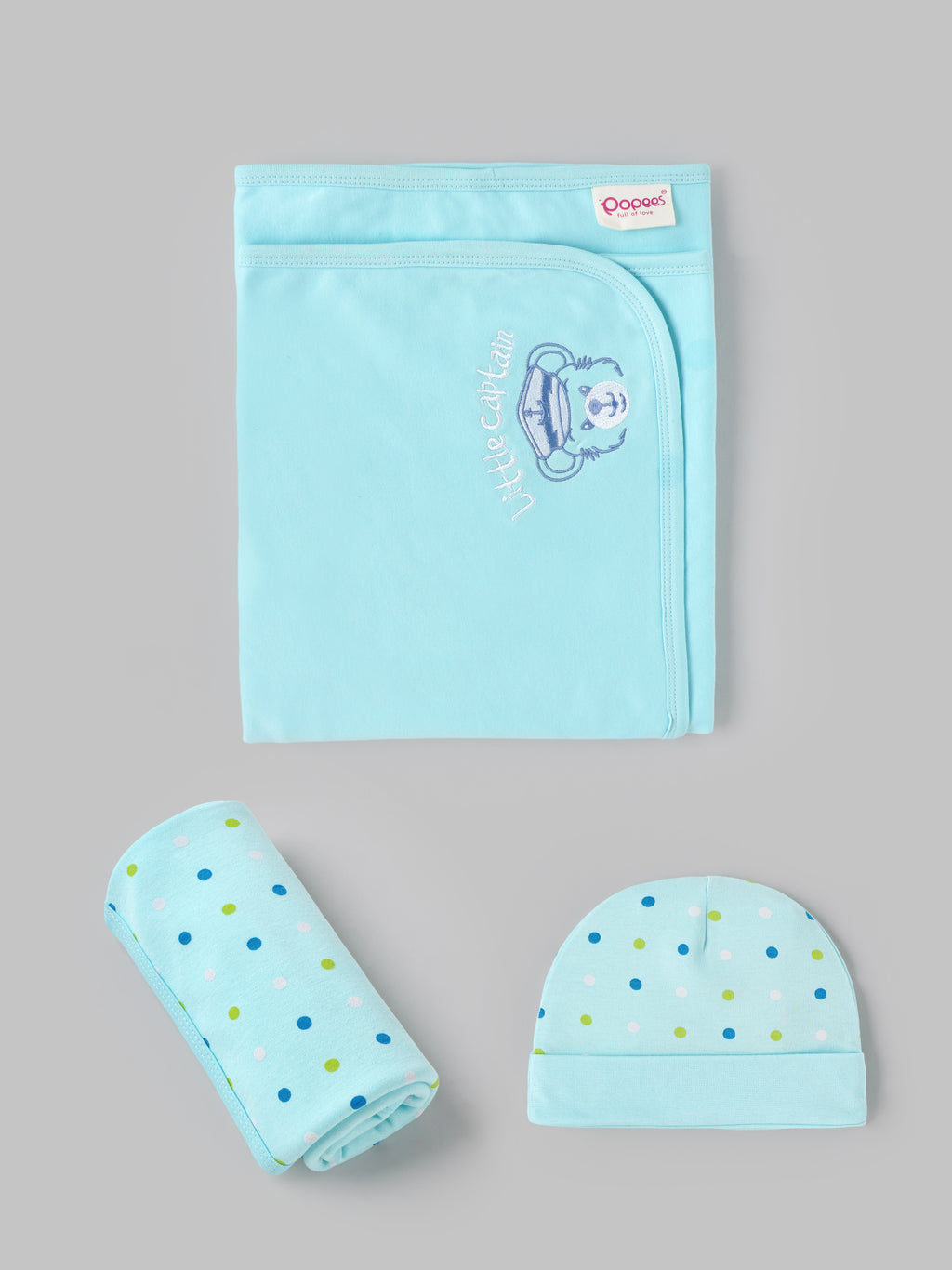 Popees Baby Boys Newborn Gift Set | Cotton Essentials Kit with Blanket, Bib, Cap, Mittens & Booties | 0–6 Months