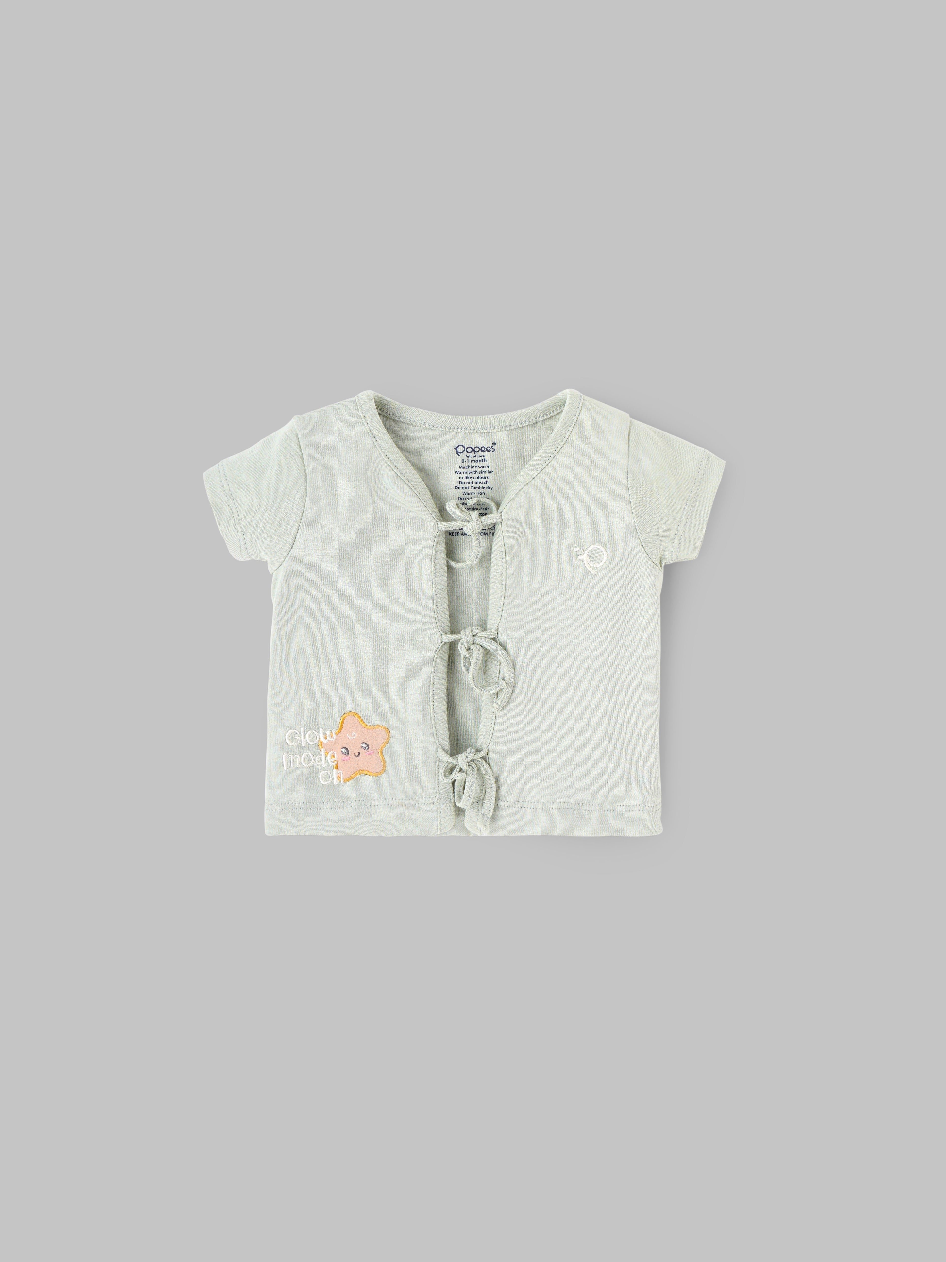 Popees Baby Unisex Short Sleeves Cotton Knit Jhabla| Green| Tiny Baby To 6 Months